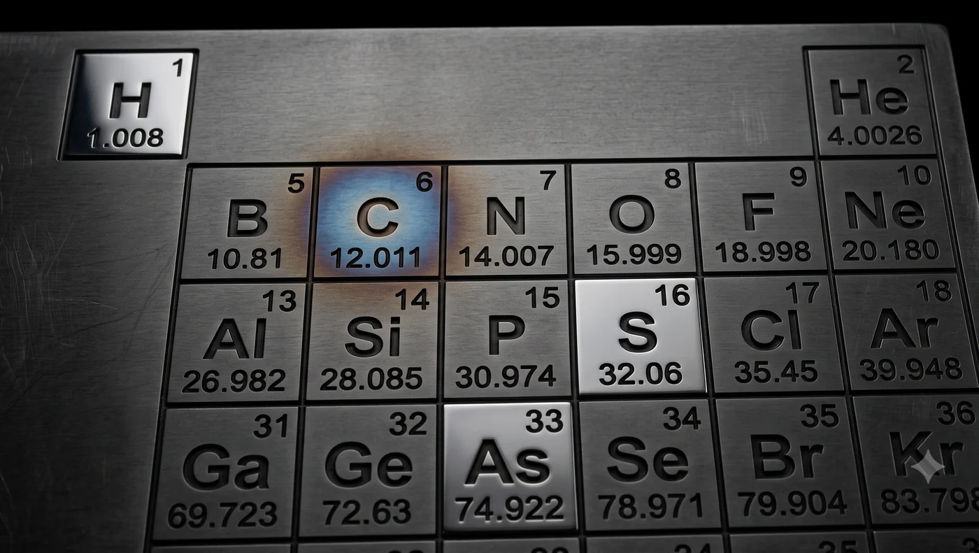 A fragment of the periodic table engraved in steel — carbon lit in tempered blue; hydrogen, sulfur, and arsenic polished bright